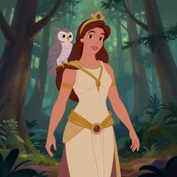 full body shot of the goddess athena with owl on shoulder, pine forest, cel shaded vector art, toon shading, behance, hd by lois van baarle, artgerm, disney princess, disney animation still
