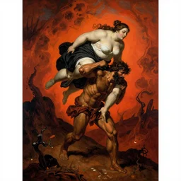 Sisyphus carrying a fat lady on his shoulders up a mountain in hell, by Gustave Dore, rich colors, dark red orange brown black color palette