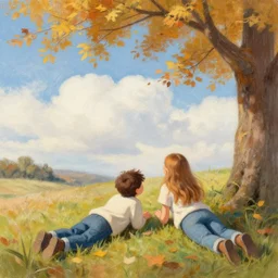landscape pastel of tiny happy young man with long brown hair and woman with long light brown hair, laying under a tree looking at clouds autumn, ( ( ( wearing jeans ) ) ), by charles sillem lidderdale.