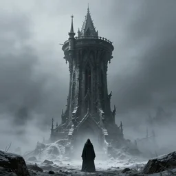 sci - fi gothic tower, snowy desolate landscape, horror vibe, scary, cloaked figure, 3 d render, dramatic lighting, foggy, matte painting