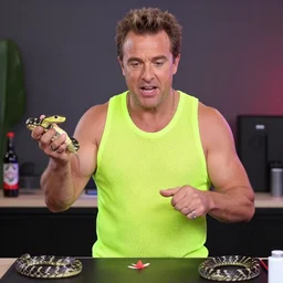 guy fieri with pitvipers wearing a mesh neon tank top doing a mukbang
