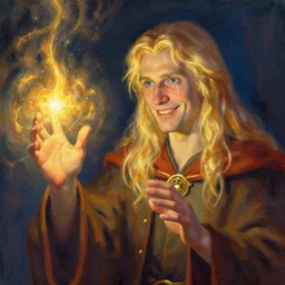 a blond male wizard with long hair, fair skin, blue eyes, smiling, a tear falling from his eye, as he casts a spell that emanates golden light, impressionist style