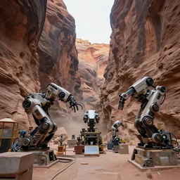 a southwestern canyon filled with large robotic machinery, epic composition, beautiful, soft lighting, artstation, highly detailed,