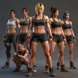 render of a full female body, an asian woman with dyed blonde hair, determined eyes, tanned body, wearing fitness gear, dead or alive 6, tekken 7, rumble roses, muscular legs, highly detailed, artstation, super realistic, unreal engine, keyshot
