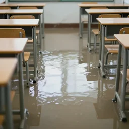 photo of a classroom, the floor is flooded with one meter deep water. eerie