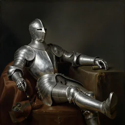 portrait of silver knight resting his legs on a table, by gaston bussiere