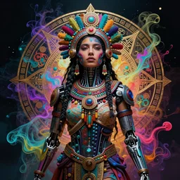 masterpiece portrait of an beautiful aztec girl with biomechanical modifications surrounded by chromatic ink pour and flowing liquid complex sacred geometry, powerful, cinematic, dramatic lighting, by elden ring, h. r. giger, beksinski, alphonse mucha, artgerm, donato giancola, tom bagshaw, trending on cgsociety, octane render, 8 k