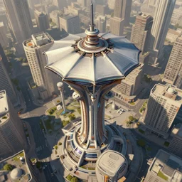 matte painting of the bird's eye view of umbrella tower. retrofuturistic architecture. dynamic perspective. urban, detailed digital art trending in artstation