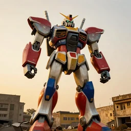 giant mecha ROBOT of AJEGUNLE_SLUMS of Lagos, writing on colourful robot, Golden hour,