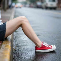 side view of the legs of a woman sitting on a curb, very short pants, wearing red converse shoes, wet aslphalt road after rain, blurry background, sigma 8 5 mm