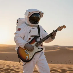 astronaut playing an electric guitar in the desert during sunset, golden hour