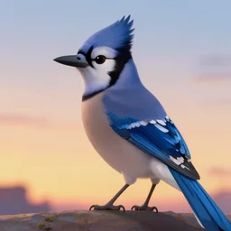 a  key shot of a Bluejay animation at sunset, medium shot, waist up, studio Ghibli, Pixar and Disney animation, sharp, Rendered in Unreal Engine 5, key art by Greg Rutkowski, Bloom, dramatic lighting, backlit, J. C. Leyendecker, Bluejay, Bluejay, Blue Sports car