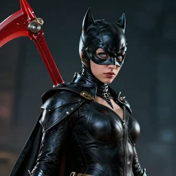 hyper - realistic + photorealistic render with very extreme intricate details, of catwoman, dc comics, in the style of final + fantasy 1 5, large red scythe on back, silver eyes!!, digital game - art by ross tran, movie composition by sana takeda, dramatic cinematic lighting by greg rutkowski