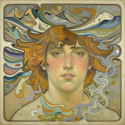 hyperrealistic face in the style dustin yellin, of yoshitaka amano, miles johnston, von rueden, odilon redon, miles johnston, mohrbacher, peter ferguson, william turner, by, alphonse mucha, mountains, wavy, pallete knife, grains, impasto, paint pour, fractal, oil on canvas, smoke tendrils, in