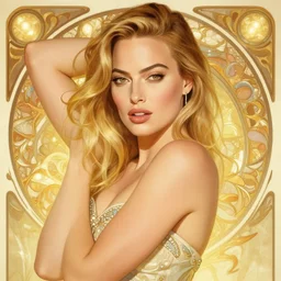 portrait of margot robbie, intricate, elegant, glowing lights, highly detailed, digital painting, artstation, glamor pose, concept art, smooth, sharp focus, illustration, art by wlop, alphonse mucha and greg rutkowski