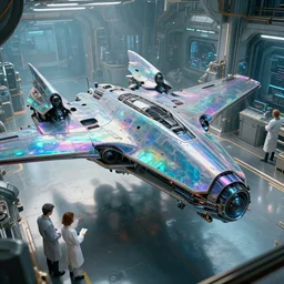( cyberpunk 2 0 7 7, bladerunner 2 0 4 9 ), iridesent colors, scientists creating an artificial alien highly detailed futuristic biomechanical thick smooth quad wing combat spaceship in their spaceship lab, glassy, sharp,, photographic, natural light, photorealistic, anti aliased, by brian sum and annie leibowitz,