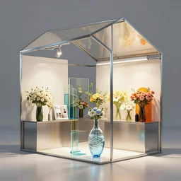 flower retail store, minimal, stainless steel and color glass, frame magazine, archidaily, bright lamp, contemporary art and sculpture of water, trending on artstation, octane rendering, gable structure