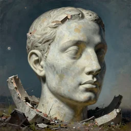 hyperrealistic surrealism, David Friedrich, award winning masterpiece with incredible details, Zhang Kechun, a surreal vaporwave vaporwave vaporwave vaporwave vaporwave painting by Thomas Cole of a gigantic broken mannequin head sculpture in ruins, highly detailed