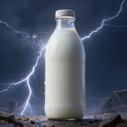 full body pose, hyperrealistic photograph of a bottle of milk about 1 0 0 meters tall manipulating thunder, dim volumetric lighting, 8 k, octane beautifully detailed render, extremely hyper detailed, intricate, epic composition, cinematic lighting, masterpiece, trending on artstation, very very detailed, stunning, hdr, smooth, sharp focus, high resolution, award, winning photo, dslr, 5 0 mm