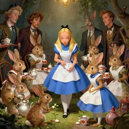 concept art, alice in wonderland on tea party with rabbits, trying to eat a pill and grow up, realistic shaded lighting poster by ilya kuvshinov, magali villeneuve, artgerm, jeremy lipkin and michael garmash and rob rey