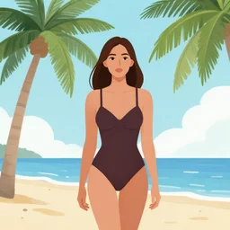 a beautiful illustration of a woman in a swimsuit on the beach with palm trees by hed kandi, adobe illustrator