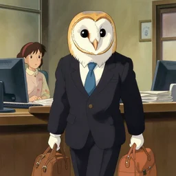 barn owl in a black suit wearing an office bag going to the office,drawn by Hayao Miyazaki and Beatrix Potter, highly detailed,anime, anime shot,anime colours, inspired by My Neighbor Totoro 1988,cell shading
