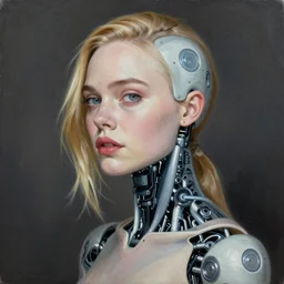 a striking hyper real painting of Elle Fanning with cybernetics by Carl Gustav Carus