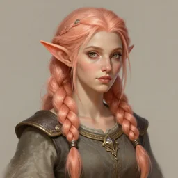character portrait of soft beautiful female firbolg dungeons and dragons long braided peach color hair, wearing an old tunic, d & d digital firbolg illustration, artstation trending female illustration, intricate, sharp focus, hyper detailed, digital painting, matte, character art by prywinko art, pyromallis rene maritte, masterpiece