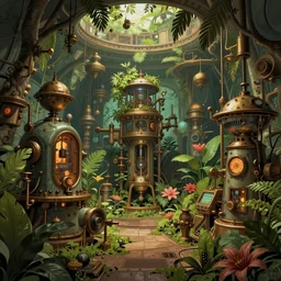 Inside a steampunk machine room with lush vegetation growing around the machines, tropical trees, large leaves, flowers, vintage science fiction illustration