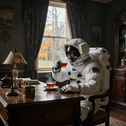 a single cosmonaut in a spacesuit drinks steaming tea at an old wooden desk in a richly decorated Victorian house. the autumn light comes in through a window and dimly illuminates the room, diffuse light, octane render
