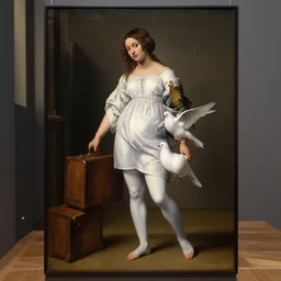 realistic museum photography of a painting of girl wearing white tights, carrying a white pigeon in a wooden suitcase room in style raffaello sanzio, italian renaissance painting, detailed