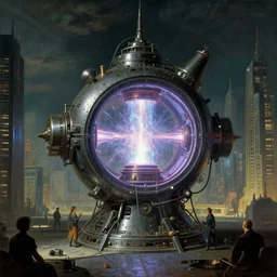 teleportation machine in a cyberpunk world, with people using it to travel the city, the machine is a large metal contraption with plasma energy in the center by jean - honore fragonard