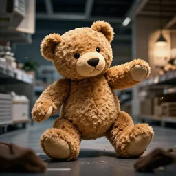ikea teddy bear come to life, wreaking havoc in ikea, high detail, 8 k, dark cinematic lighting