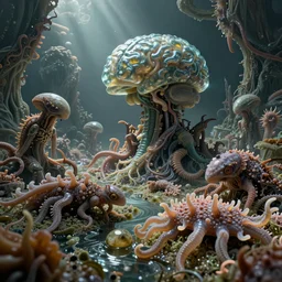 gelatinosis glass, fluox symbiosi crusta, chaos, the omni, fluida, gelatin brains, biomechanical fauna, artificia, gekkolings, by peter mohrbacher, gekko soles, aliena, mollis, retro futurism, octane render, unspaceship, lush layered, nudibranch, phantastica, vortices micro water