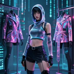 cyber ninja girl futuristic flashing wardrobe behind a wall of matrix, cyberpunk in synthwave aesthetic, sci - fi, illustration by atey ghailan, by greg rutkowski, by greg tocchini, by james gilleard, by joe gb fenton, symmetrical features, royally decorated, organic, whirling gasses, colorful torn nebulas, radiant vibrant colors