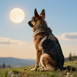back view of german shepherd watching the sun sitting on the hill, hyperdetailed, artstation, cgsociety, 8 k