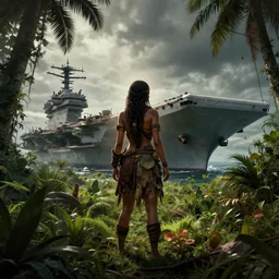 a tribal woman from behind, in front of the aircraft carrier USS Nimitz overgrown with vegetation on the ground of a tropical forest, post appocalyptic, by Luis Royo, by Greg Rutkowski, dark, gritty, intricate, backlit, strong rim light, cover illustration, concept art, volumetric lighting, volumetric atmosphere, sharp focus, octane render, trending on artstation, 8k