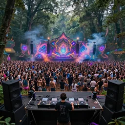 psychedelic trance music festival, electronic, minimal techno, in a magical forest, dj on stage, loud music from huge speakers, thousands of people dancing, thousands of people singing, music, neon lights, smoke, wide angle shot, realistic, surrelaistic, mucha, lisa frank