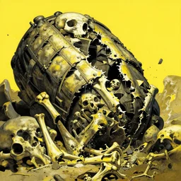 bagger 2 8 8 tearing apart a mountain of bones, yellow and black, massive scale, infinite detail, modern artwork, by frank frazetta