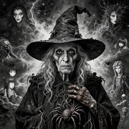 portrait of an old witch, black and white, beksinski, made of rust, spiders and nerves, high detail, memento mori, houdini rendering, trending artstation, photorealistic, cosmic energy kelly mckernan, yoshitaka amano, hiroshi yoshida, moebius, artgerm, dark art and bizarre surreal pictures