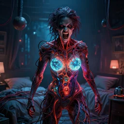 rgb, glowing, extreme rage, woman, cinematic, movie scene, inspired by zdzislaw beksinski, clothes made out of veins,, cables everywhere, bedroom, ultra realistic, concept art, intricate details, highly detailed, photorealistic, octane render, 8 k