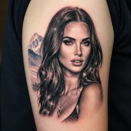 double exposure tattoo design sketch of megan fox with beautiful mountain scenery, realism tattoo, in the style of den yakovelev, amazing detail, sharp