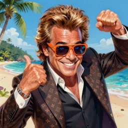Jon Bon Jovi, the most beautiful androgynous man in the world, intense painting, sunny day at beach, tropical island, +++ super supper supper dynamic pose,  digital art, +++ +++ quality j.c. leyendecker, limited edition, shiny, veiny hands, thick eyebrows, masculine appeal high fashion, wearing orange sunglasses, crystal blue eyes, louis vuitton suit, smirking