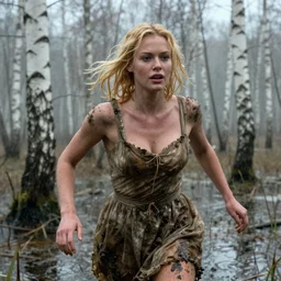 movie still close - up of a blonde woman in a dirty dress running in a swamp with birch forest, snow, cinestill 8 0 0 t 3 5 mm, heavy grain, high quality, high detail, mud, fog, rain