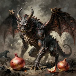 onion demon by Yoshitaka Amano, style of Jakub Rozalski