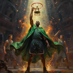 ''cinematic shot'' charles barkley chaos dunk sparks flying simetrical 8 k atmosferic realistic, green cape, holding a bell, made by ivan aivazovsky, peter mohrbacher, greg rutkowski volumetric light effect broad light oil painting painting fantasy art style sci - fi art style realism premium prints available artwork unreal engine