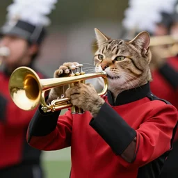 a cat in a marching band playing a trumpet