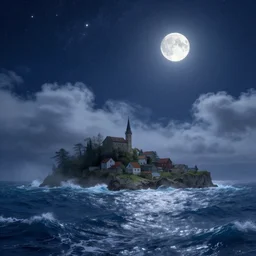 island town, the stars shine in the starry sky, bright moon, waves, sparkling sea, clouds and fog by ivan aivazovsky and noah bradley, unreal engine, trending on artstation