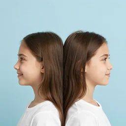 portrait of 2 5 - year - old social media profil woman oval face with angle 9 0 ° centred looking away breading fresh air, strong spirit and look between serious and happy, background soft blue