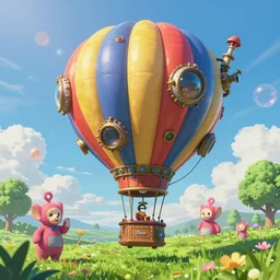 a steampunk hot air balloon, digital artwork by ellerslie floating over a grassy lovely place known as teletubbyland, magical, brightsky, colorful, fantastic lighting, amazing details, 4 k uhd, illustration by hayao miyazaki artstation, pixiv, pixels